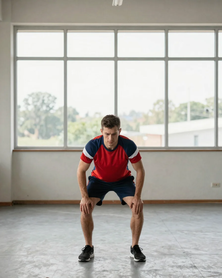 Adult man in an ordinary training setting, natural daylight through a gym window, focused on a steady workout routine, u