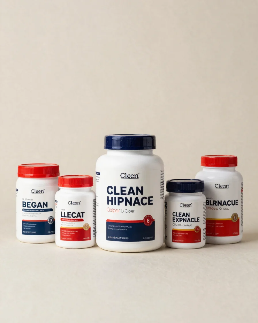 Clean editorial product photography of supplement containers on a